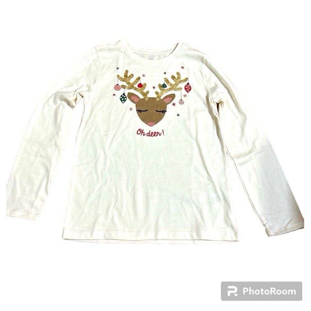 Girls Holiday Time Reindeer Shirt Size L – “Oh Deer” Long Sleeve Christmas